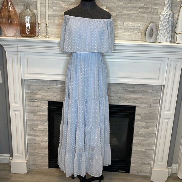 Sky Blue Off Shoulder Ruffle Maxi Dress Size Medium - Picture 2 of 12
